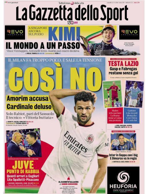 Milan in affanno, La Gazzetta dello Sport: "Così no"