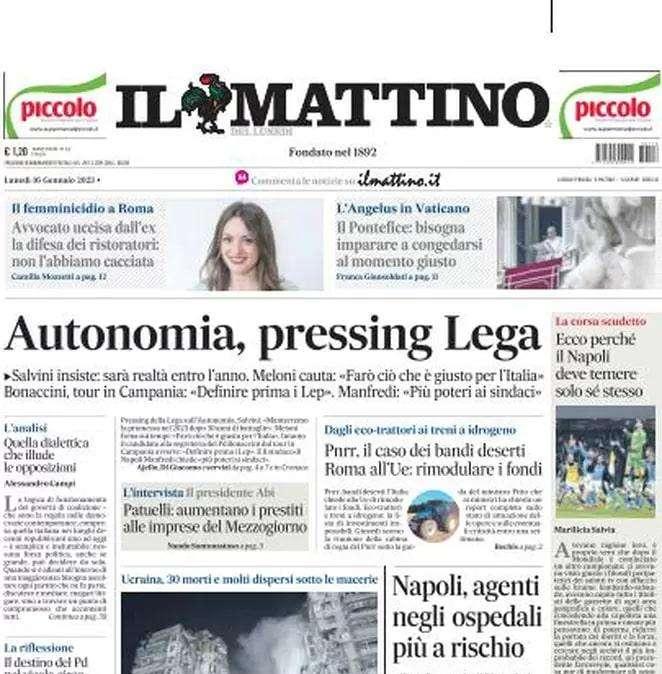 PRIMA PAGINA - Il Mattino - "Il Napoli deve temere solo se stesso. Salernitana choc"