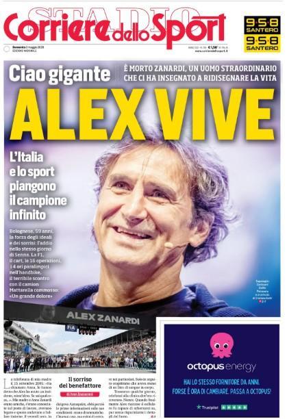 Corriere dello Sport a tutta pagina: "Alex Vive". Il primo titolo sul calcio è per il Napoli