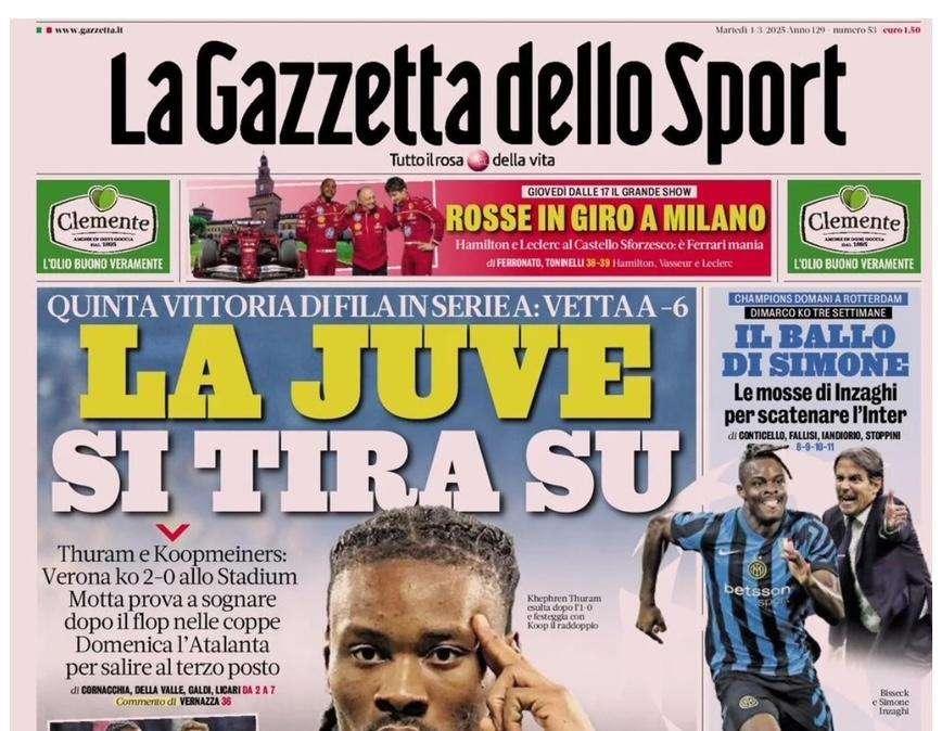 La Gazzetta dello Sport: "La Juve si tira su: vetta a -6"