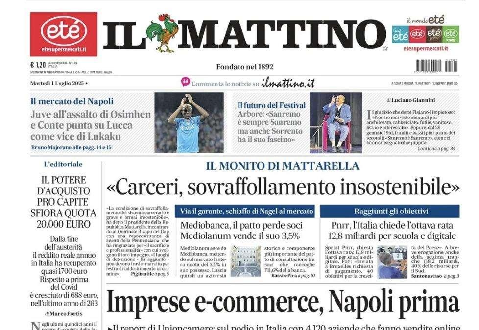 Il Mattino: "Juve all'assalto di Osimhen e Conte punta Lucca come vice Lukaku"