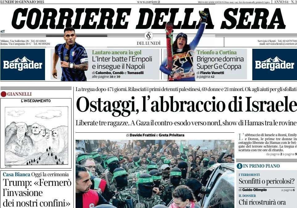 Corriere della Sera: "L'Inter batte l'Empoli e insegue il Napoli"