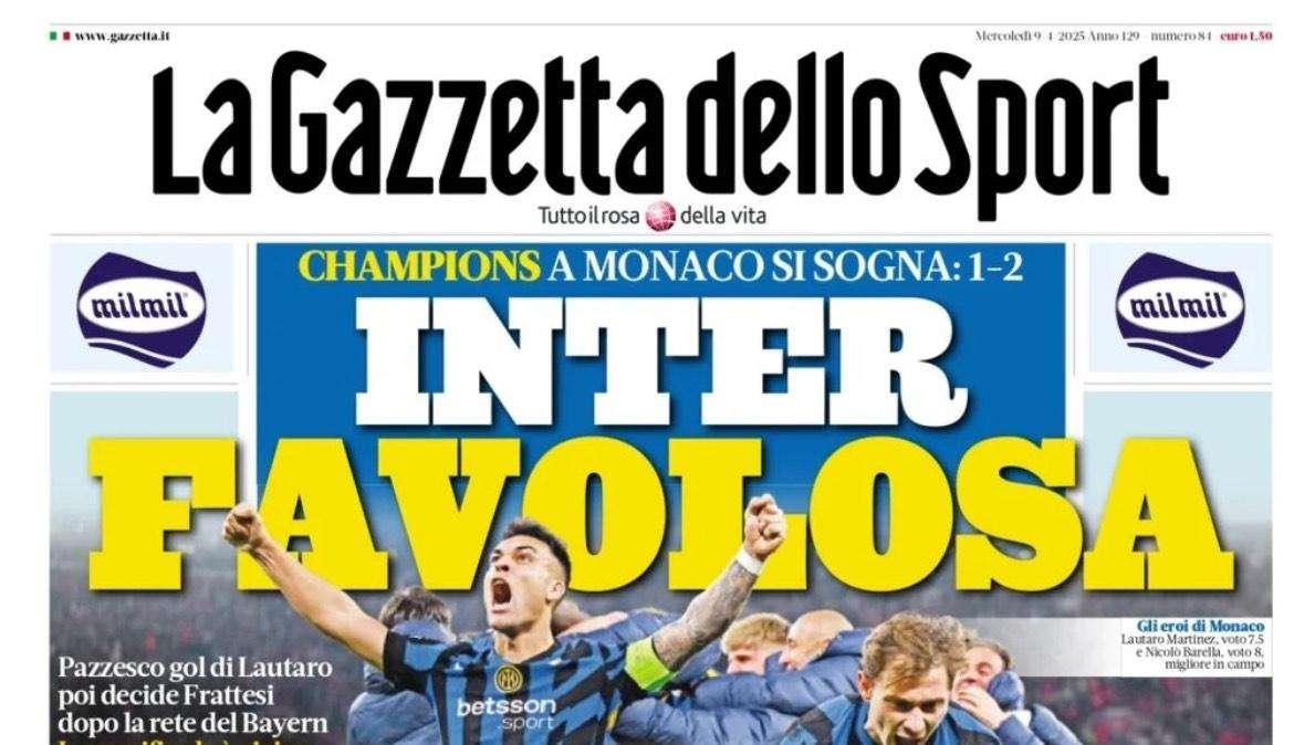 Gazzetta esalta i nerazzurri dopo la Champions: "Inter favolosa"