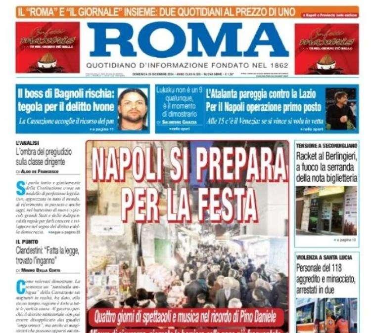 Il Roma: "L'Atalanta pareggia con la Lazio. Per il Napoli operazione primo posto"