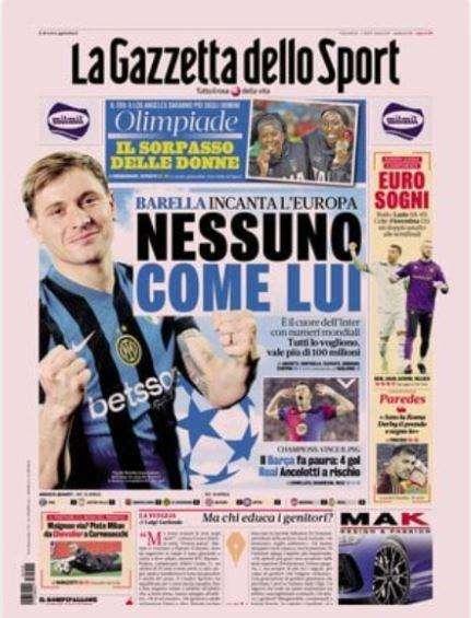 Gazzetta dello Sport: "Barella, tutti lo vogliono: vale più di 100 milioni"