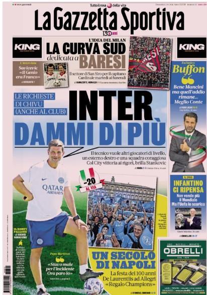 Festa centenario, La Gazzetta dello Sport titola: "Un secolo di Napoli"