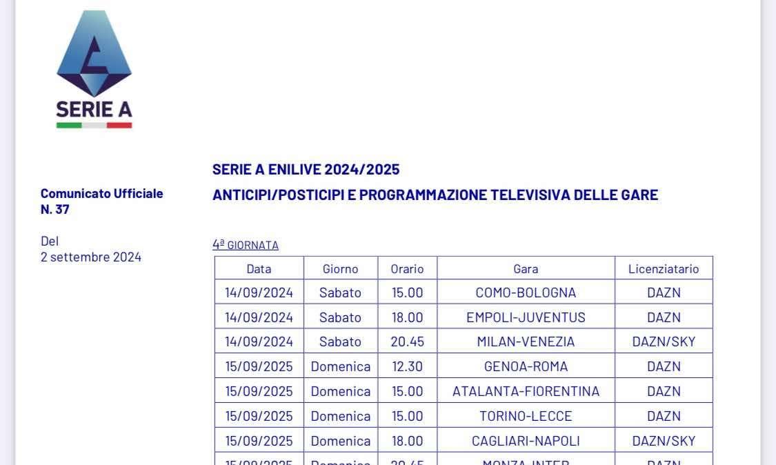 Serie A, la 4a giornata: Cagliari-Napoli si giocherà il 15 settembre, svelato l'orario