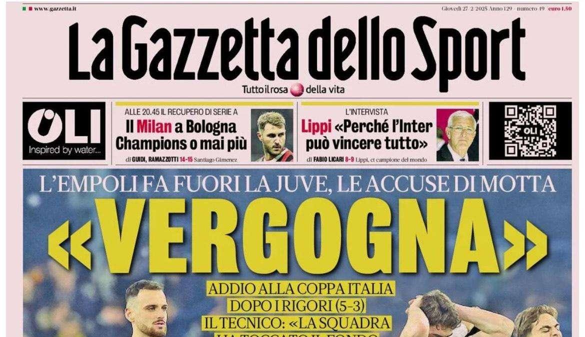 La Gazzetta dello Sport sul clamoroso ko della Juve: "Vergogna"
