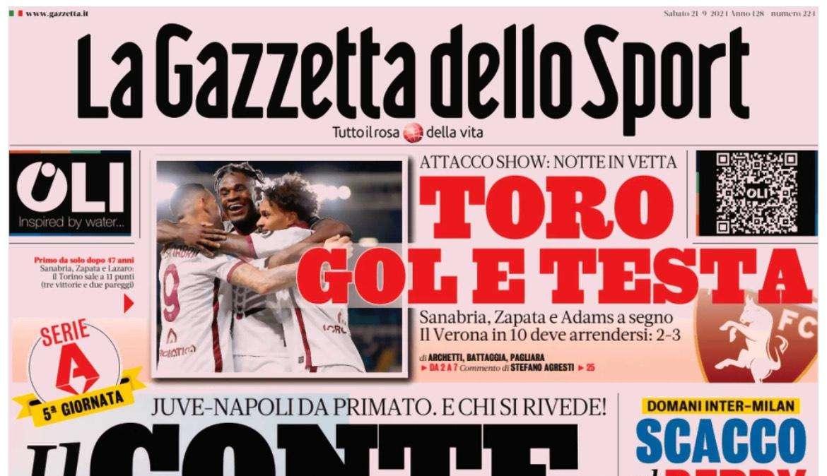 Gazzetta dello Sport: "Il Conte torna: Juve-Napoli da primato"