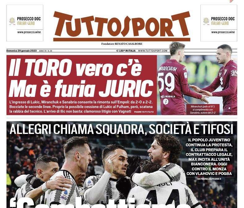 PRIMA PAGINA - L'apertura di Tuttosport: "Allegri chiama squadra, società e tifosi: 'Combattiamo insieme!'"