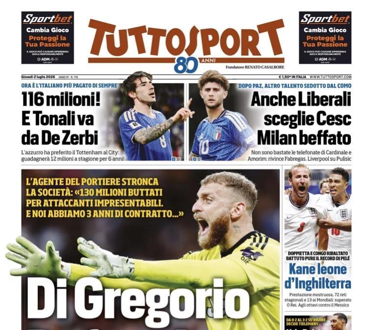 Caso Di Gregorio, Tuttosport: "Bufera Juve dopo parole agente"