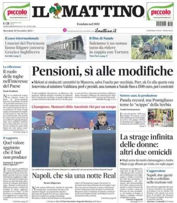 PRIMA PAGINA - Il Mattino: "Napoli, che sia una notte Real"