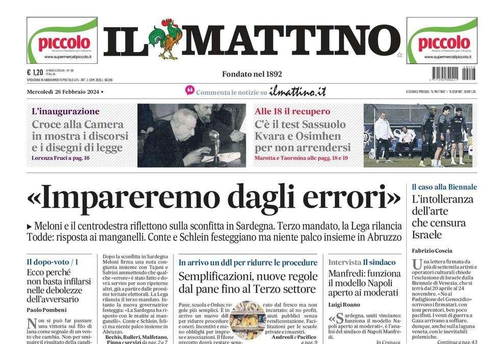 PRIMA PAGINA - Il Mattino: "C'è il test Sassuolo. Kvara e Osimhen per non arrendersi"