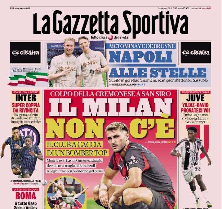 Gazzetta dello Sport: "Il Milan non c'è, Napoli alle stelle"