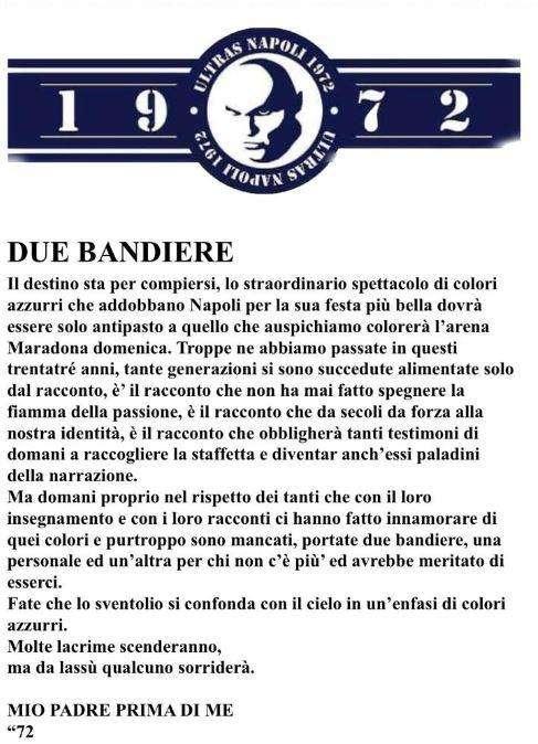 FOTO - Ultras 72, che bella idea: "Al Maradona con due bandiere, una per chi non c'è più!"