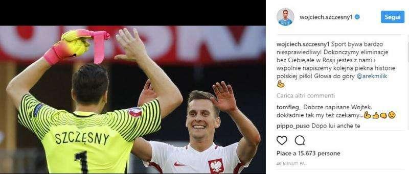 FOTO - Lo juventino Szczesny sostiene Milik: "Sport è ingiusto, ma in Polonia ti aspettiamo per il Mondiale!"