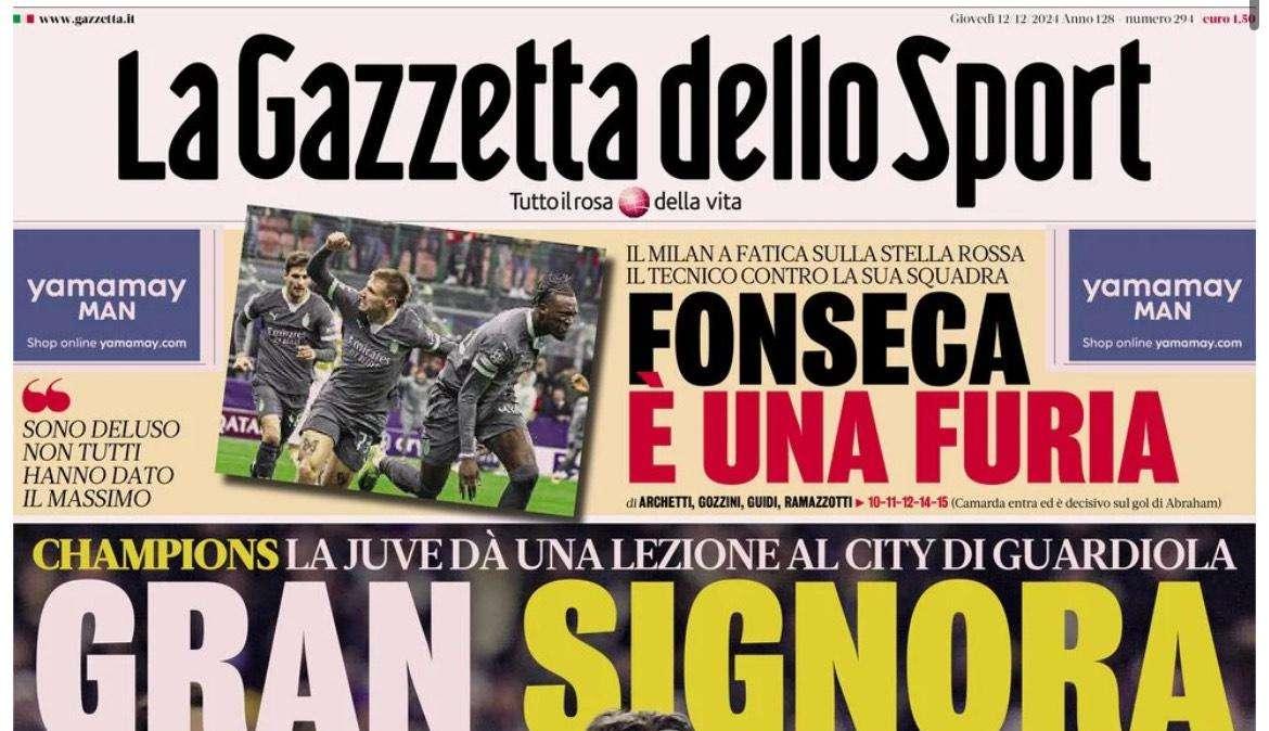 Gazzetta dello Sport: "Juve, gran signora. Fonseca è una furia"