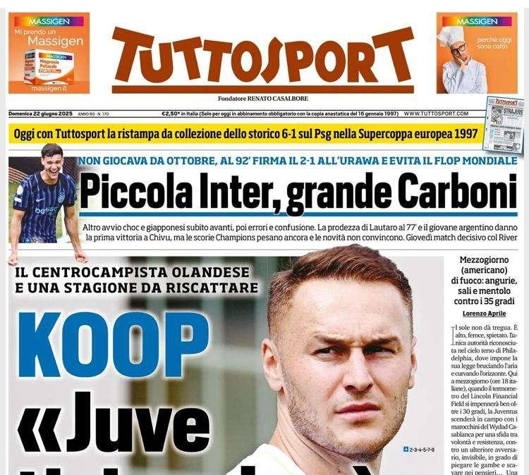 Tuttosport in taglio alto: "Piccola Inter, grande Carboni"
