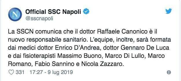 UFFICIALE - Raffaele Canonico è il nuovo responsabile del settore sanitario: il comunicato della SSC Napoli