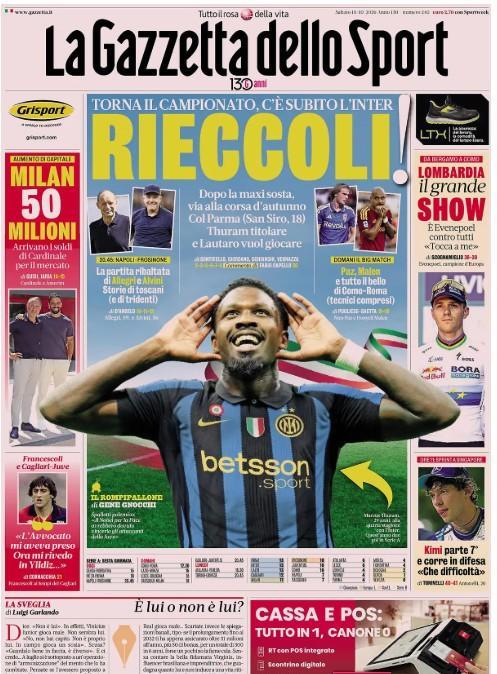 Oggi Napoli-Frosinone, La Gazzetta dello Sport: "La partita ribaltata di Allegri e Alvini"