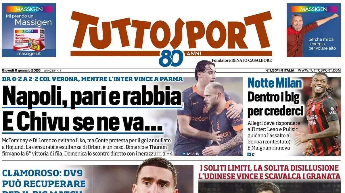 Tuttosport: "Napoli, pari e rabbia. E Chivu se ne va"