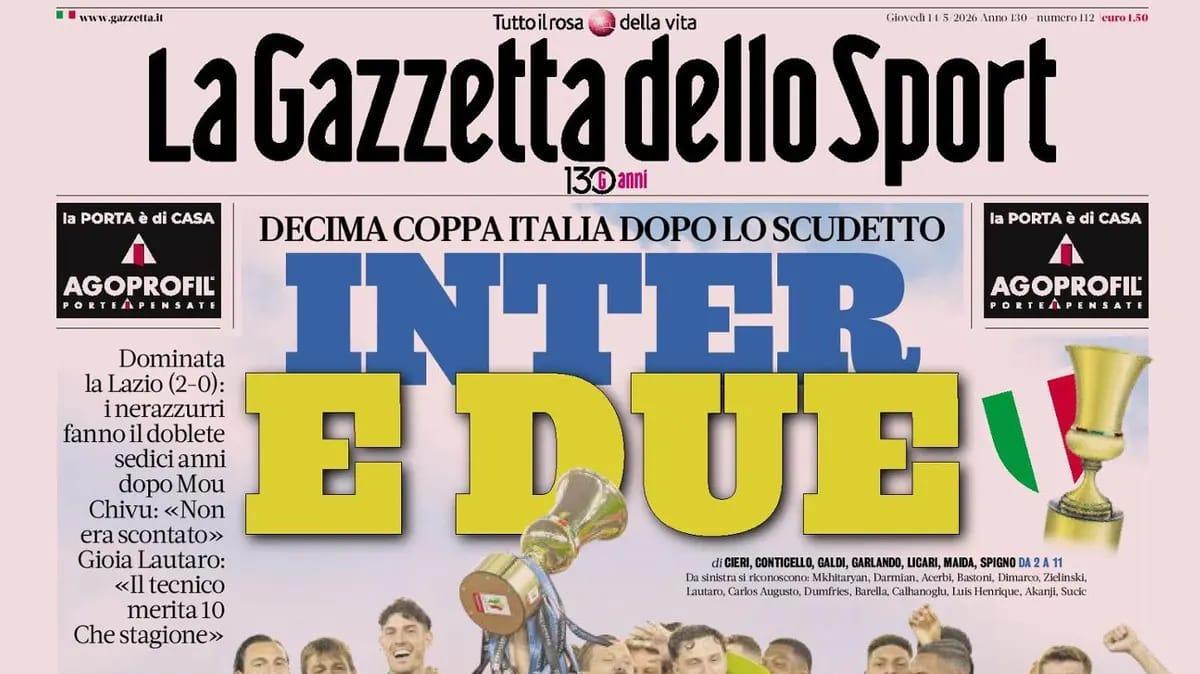 Inter trionfa, La Gazzetta dello Sport: "Inter, e due. Dominata la Lazio"
