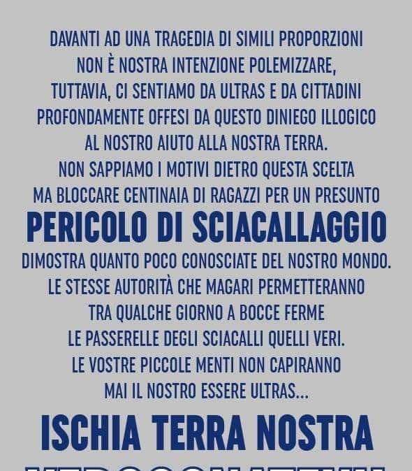"Bloccati per pericolo sciacallaggio”, vietata la partenza per Ischia agli ultras del Napoli 