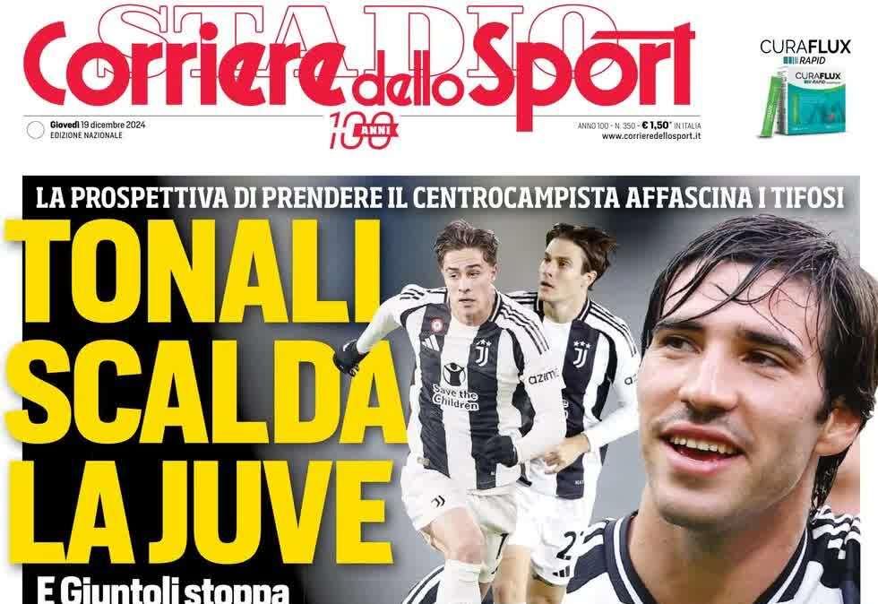 Corriere dello Sport: "Tonali scalda la Juve. Yildiz e Fagioli via"