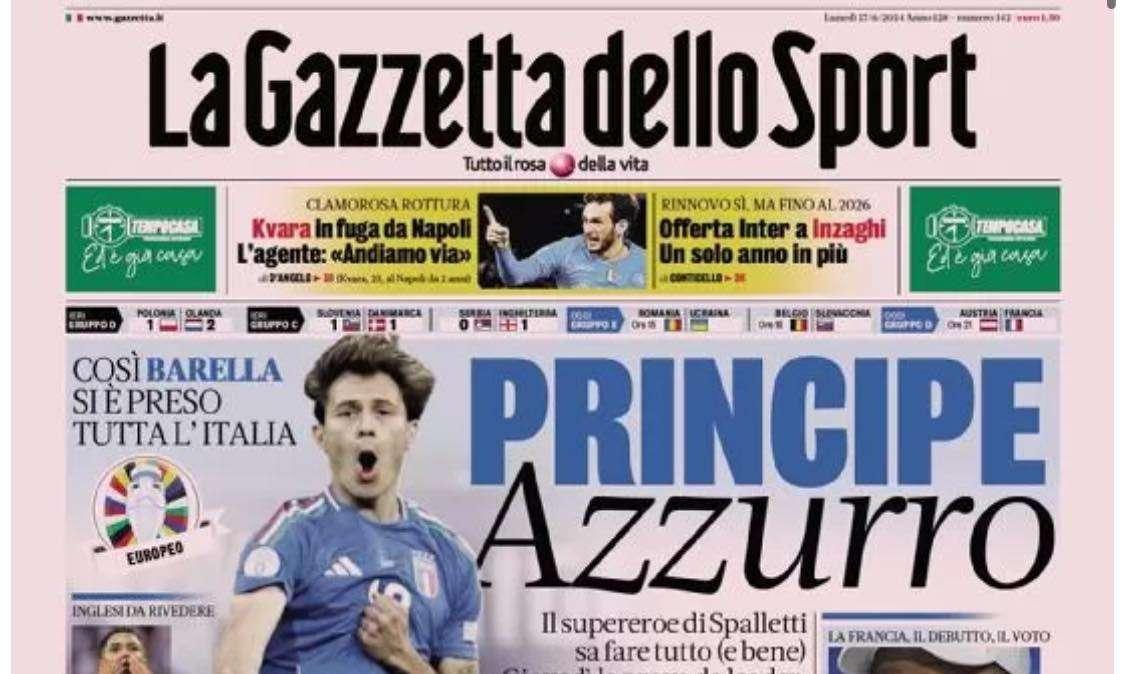 Il Napoli torna in prima pagina sulla Gazzetta: “Kvara in fuga”