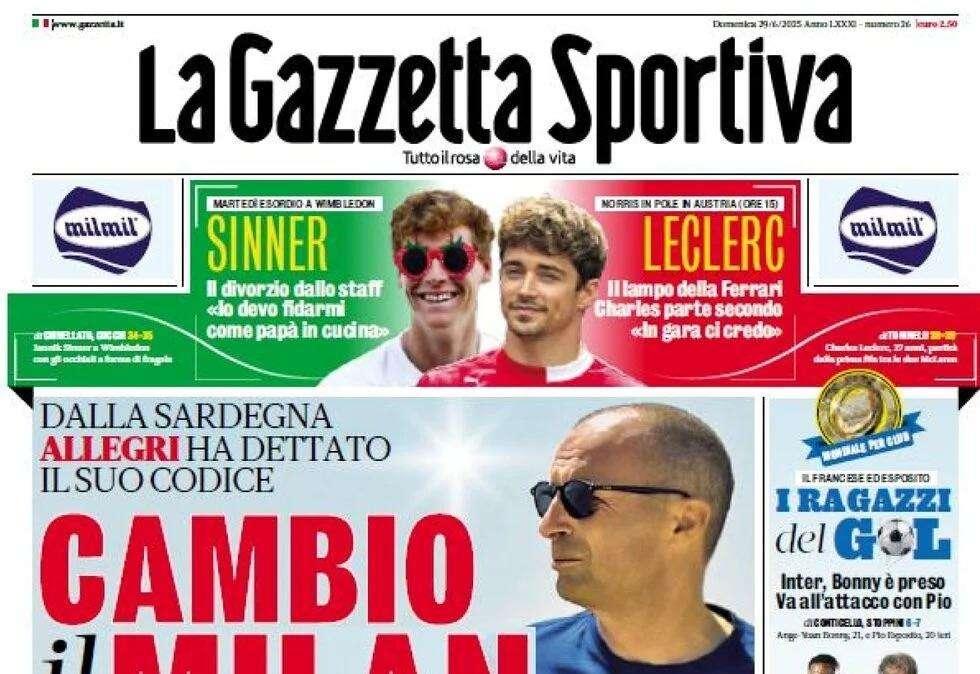 La Gazzetta dello Sport apre con Allegri: "Cambio il Milan"
