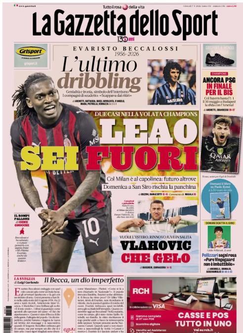 L'apertura de La Gazzetta dello Sport è sul Milan: "Leao sei fuori"