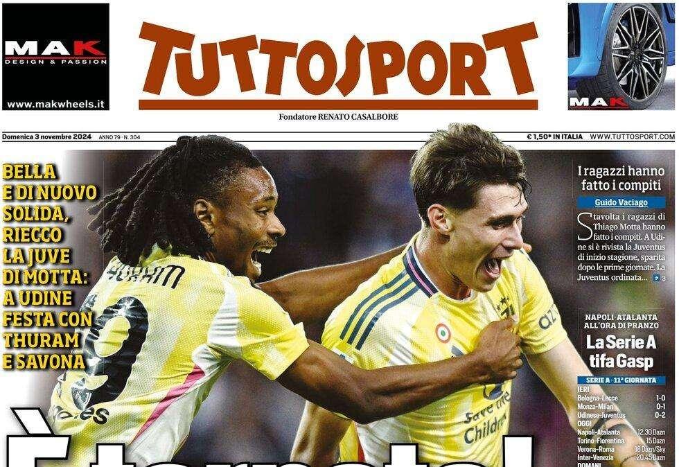Tuttosport esalta la Juve: "E' tornata! Inter agganciata, Napoli avvicinato"