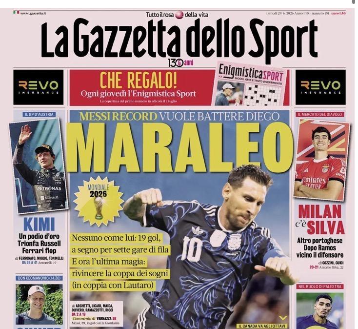 Mondiali 2026, La Gazzetta dello Sport: "Messi vuole superare Diego"