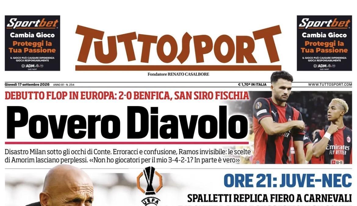 Italiane in Europa, Tuttosport: "Povero Diavolo, disastro Milan sotto gli occhi di Conte"