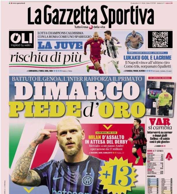 La Gazzetta dello Sport: "Lukaku, gol e lacrime. Il Napoli vince all'ultimo tiro"
