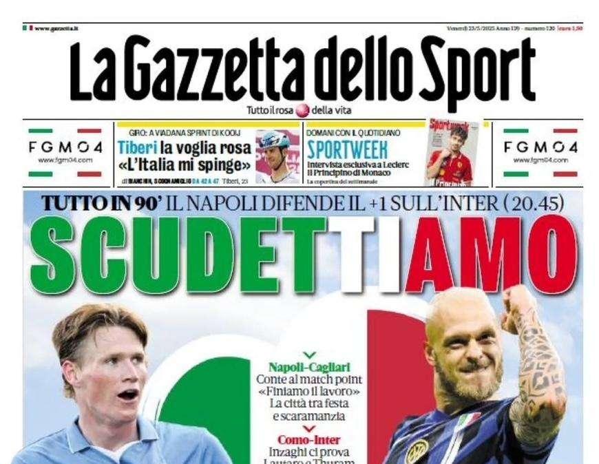La Gazzetta dello Sport: "Scudettiamo. Il Napoli difende il +1 sull'Inter"
