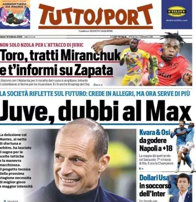 PRIMA PAGINA - Tuttosport: "Juve, dubbi al Max: riflessioni sul tecnico"