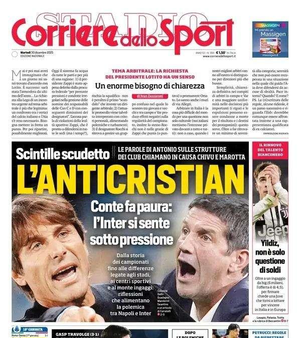 Corriere dello Sport: "Conte l'AntiCristian: l'Inter sotto pressione"