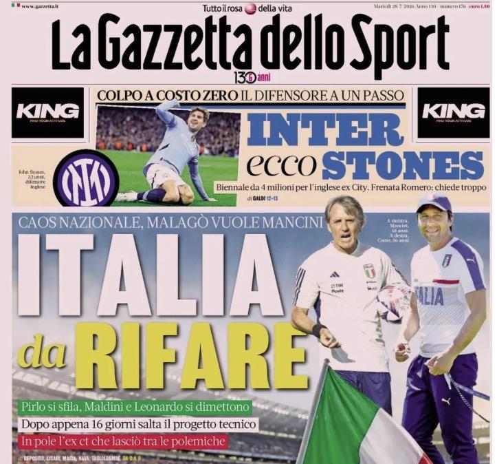 Caos Nazionale, La Gazzetta dello Sport: "Italia da rifare: Mancini o Conte"
