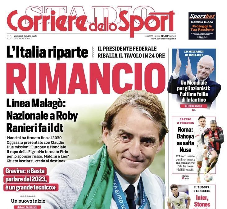 Italia affidata a Mancini, Corriere dello Sport: "Rimancio"