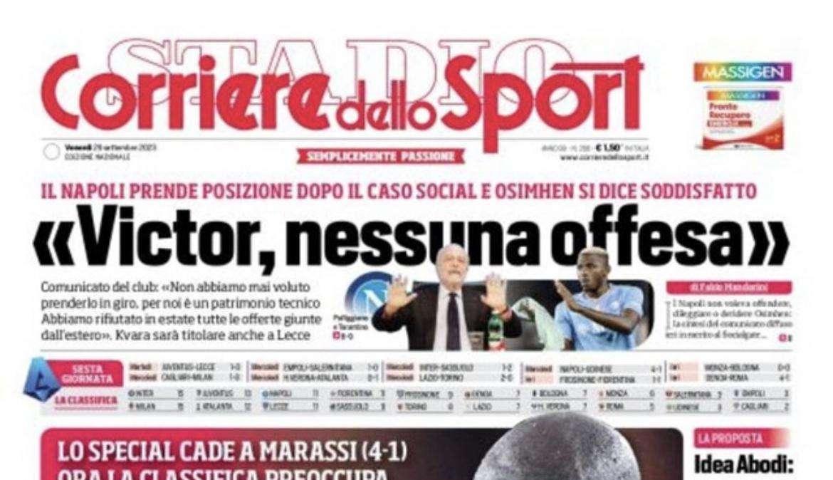 PRIMA PAGINA - Corriere dello Sport: “Victor, nessuna offesa”