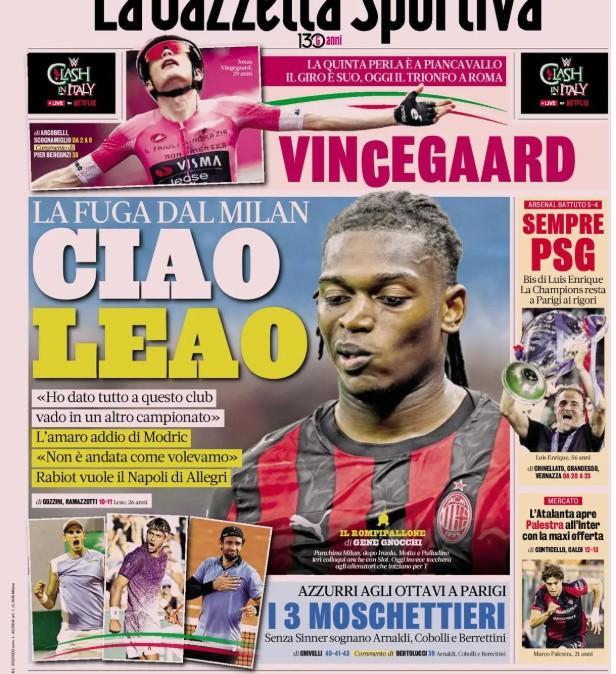 Caos a Milano, La Gazzetta dello Sport: "Ciao Leao! La fuga dal Milan"