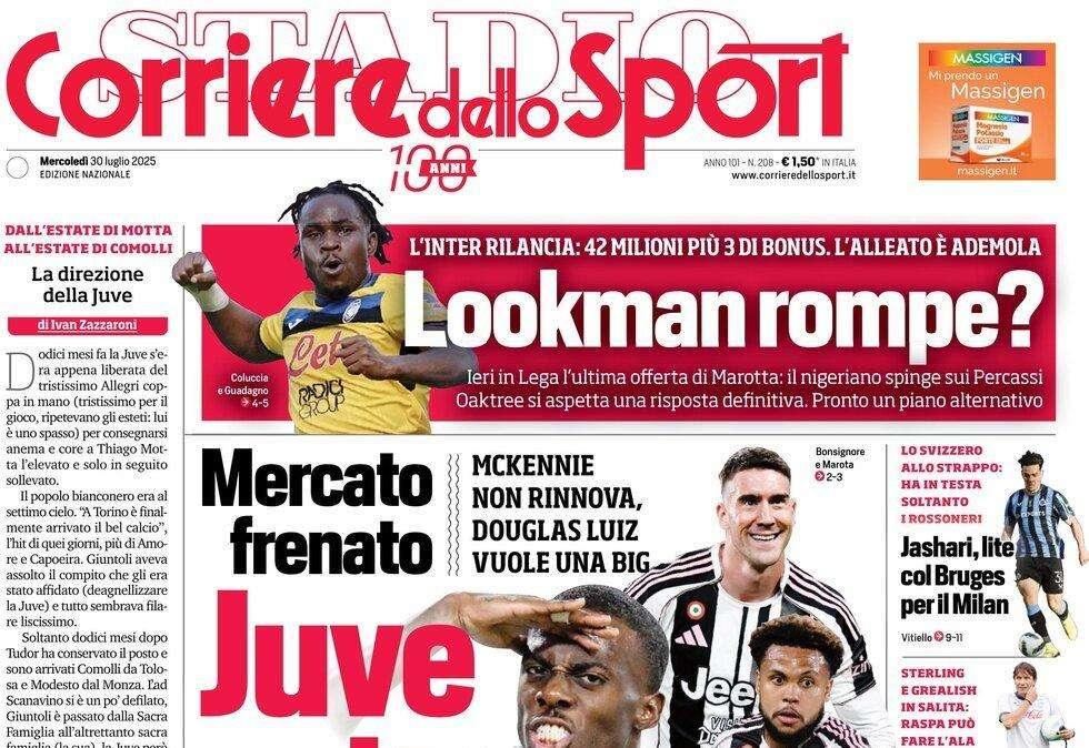 Corriere dello Sport: "Juve, quante grane sul mercato. Lookman-Dea, rottura?"