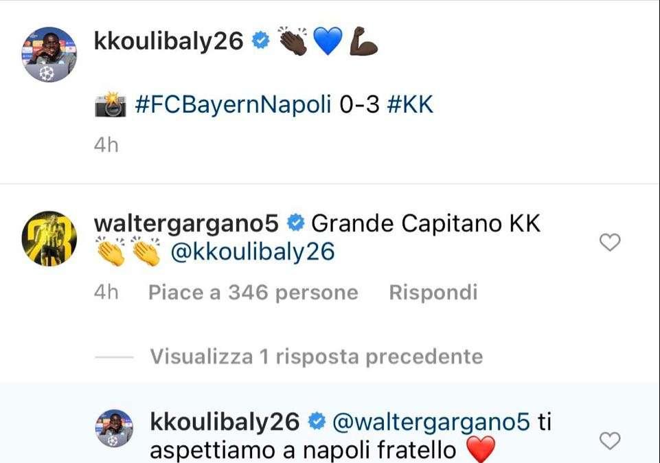 FOTO - “Grande capitano”, siparietto social Gargano-Koulibaly: “Ti aspettiamo a Napoli”