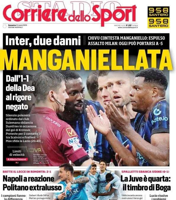 Corriere dello Sport: "Napoli a reazione, Politano extralusso". E sull'Inter: "Manganiellata"