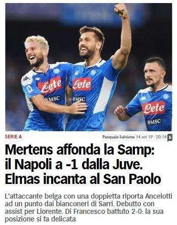 FOTO - CdS apre: "Mertens affonda la Samp, Elmas incanta il San Paolo"