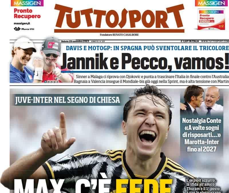 PRIMA PAGINA - Tuttosport apre con Juventus-Inter: "Max, c'è Fede nel sorpasso"