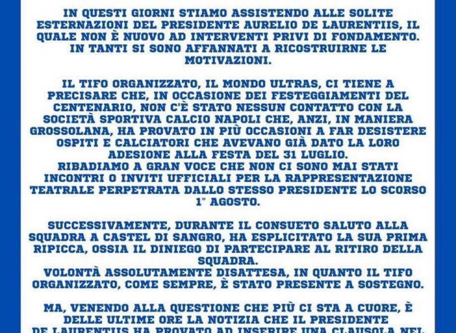 Tifo organizzato contro ADL: “Ripicca in ritiro ed ora disegno per eliminare gli ultras! E sul 1° agosto…”
