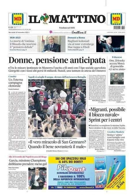 PRIMA PAGINA - Il Mattino: "Garcia, missione Champions: 'Dobbiamo prendere meno gol'"