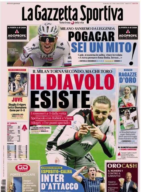 Milan di nuovo secondo, La Gazzetta dello Sport: "Il Diavolo esiste. Inter d'attacco"